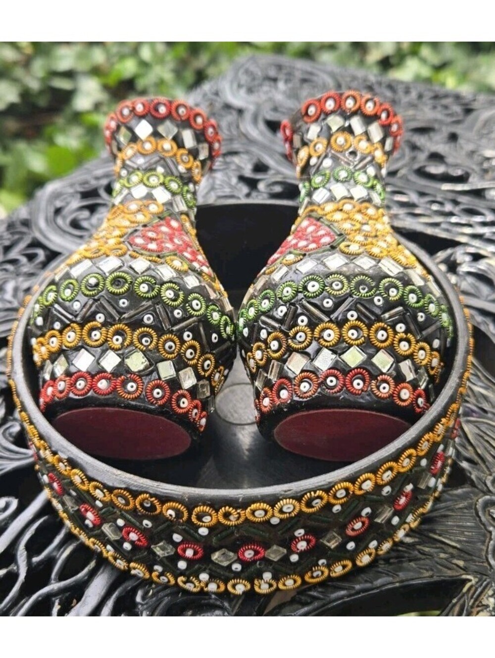 2 Mini Vases 4.5"T Beaded & Mirrored With Trinket Jewelry Box Tray. India?